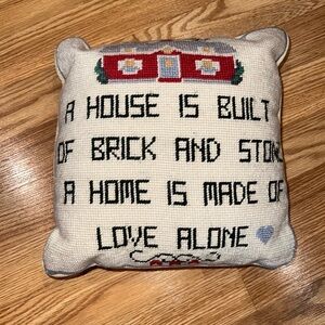 Velvet backed‎ Needlepoint Pillow A House is Built of Brick and Stone